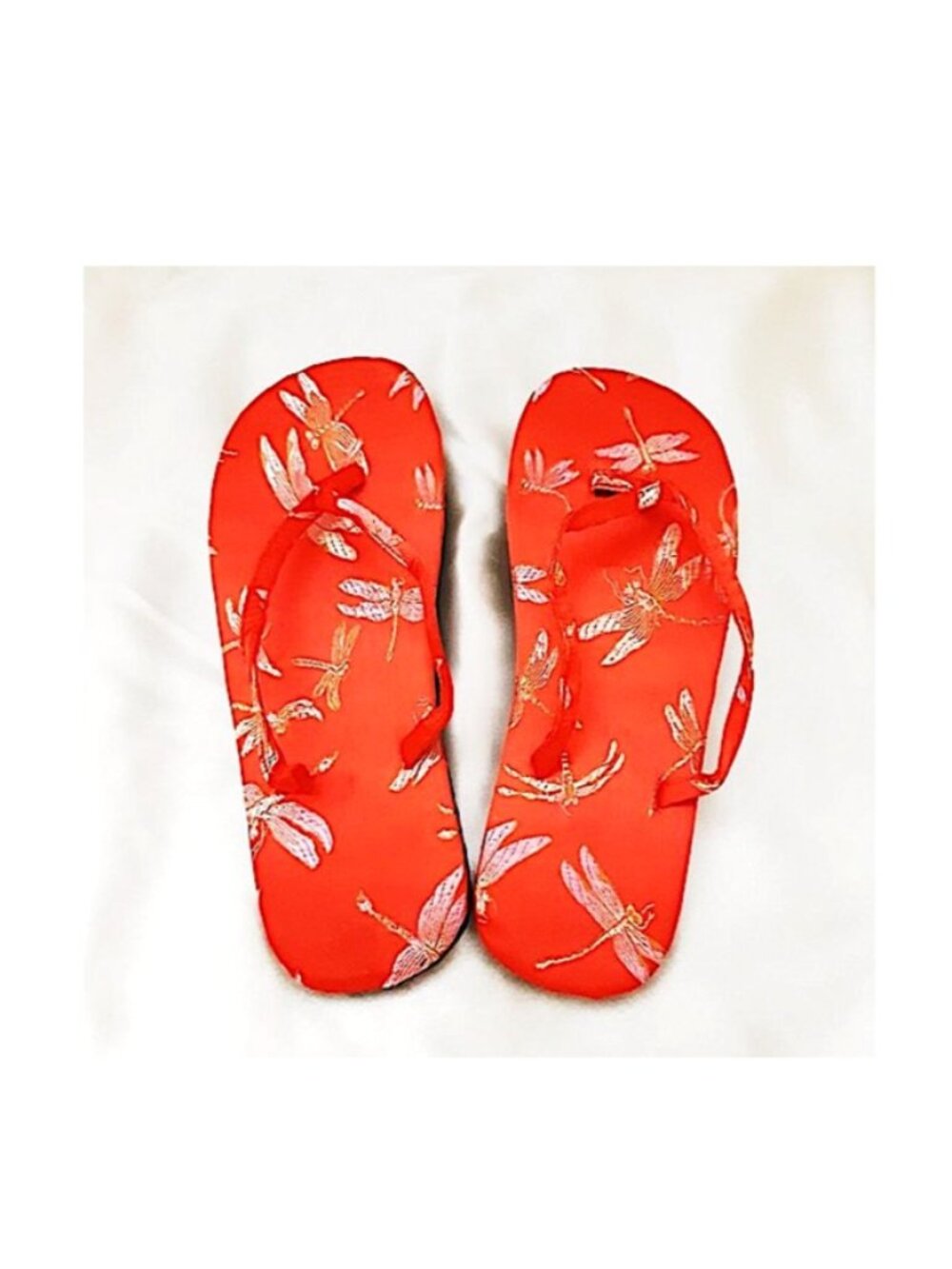 Satin RED Woven Dragonfly Open-Toe Flip Flops Sz S